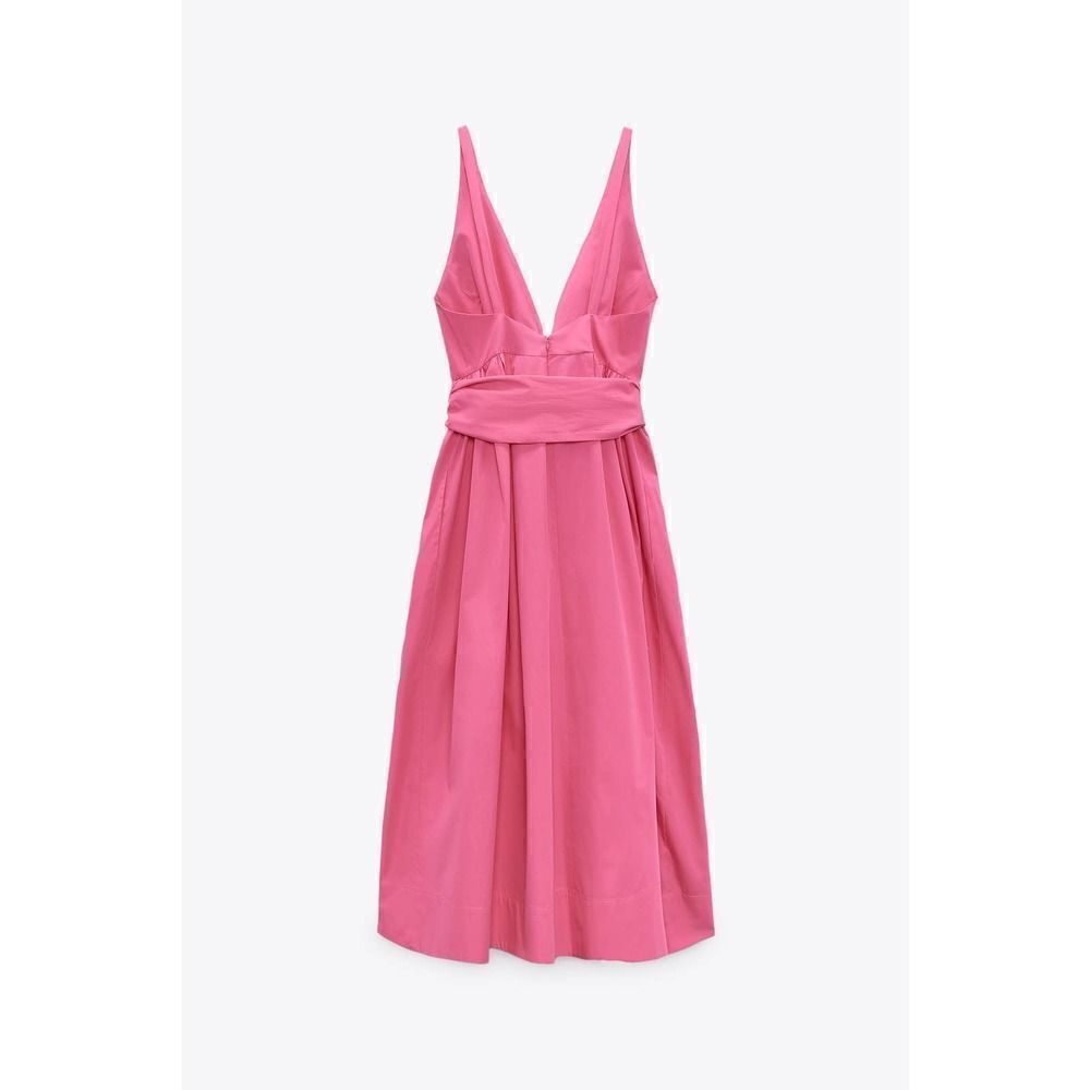 Zara Bow Pink Midi Dress Deep Plunge Poplin New Barbiecore Barbie - Picture 14 of 16